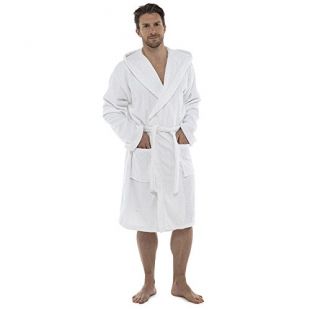 undercover - Mens 100% Cotton Towelling Bath Robe Hooded White L/XL