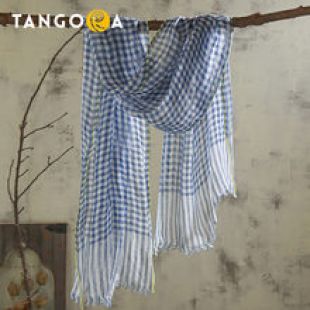Linen Plaid Scarf Blue