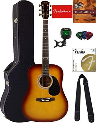 Fender Squier Dreadnought Acoustic Guitar - Sunburst Bundle with Hard Case, Tuner, Strap, Strings, Picks, and Austin Bazaar Instructional DVD
