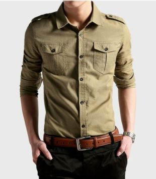 Button Men's Epaulet Double Pocket Casual Dress Shirts 2 Color