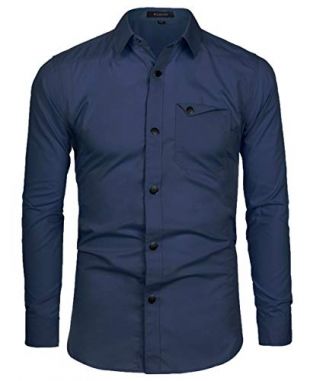Kuson Chemises pour Hommes Manches Longues avec Bouton Pression Poche Poitrine Bleu Marine M