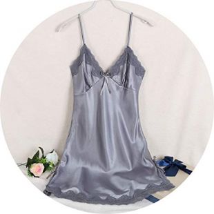 Ladies Sexy Silk Satin Night Dress Sleeveless V-Neck Nightgown Lace Sleepwear Robes for Women,Grey,M