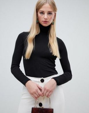 Warehouse roll neck long sleeve top in black