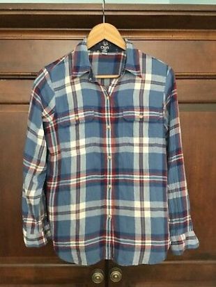 Chaps Womans Cotton Twill Button Down Blue Plaid Long Sleeve Shirt