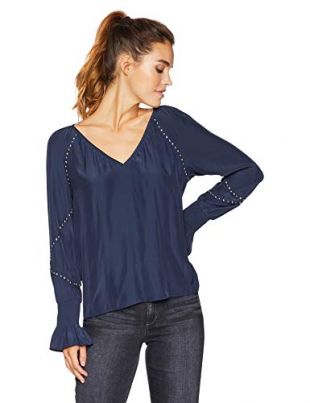 Ramy Brook Women's WILLA Long Sleeve Studded TOP, Navy, Extra Small