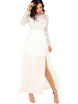 Floerns Women's Long Sleeve Lace Chiffon Maxi Formal Evening Dress White S
