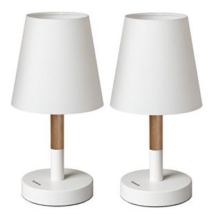 Tomons (Une Paire) Lampe de Chevet ou de Table en Bois, Abat-Jour en Tissu, Lampe LED pour Chambre, Salon, Dortoir, Studio, Café - Blanc