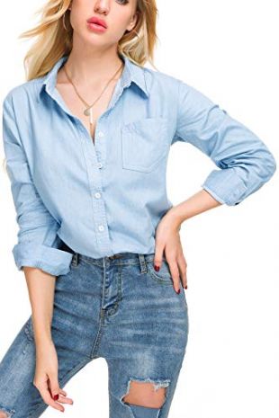 Tsher Light Blue Loose Shirt Long-Sleeved Tops Fashion Casual Button Cotton Denim Blouse 5005-1（L, Light Blue）
