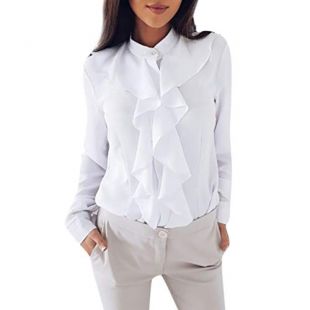 OSTELY Womens Stand Ruffle Front Long Sleeve Ladies Office Tops Shirt Blouse (White,X-Large)
