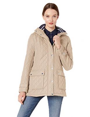 Tommy Hilfiger Women's Diamond Quilt Coat with Hood and Knit Collar, Chino, L