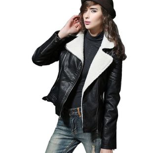 2019 2017 Shearling Sheepskin Coats Black Leather Jacket Women Short Thick Lamb Wool Fur Collar Padded Winter Motorcycle Biker Coats  From Bidalina, $119.13 | DHgate.Com