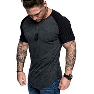 Mens Casual Short Sleeve Slim Fit T-Shirt Bodybuilding Muscle Fitness Tee Tops (US M, Dark Grey+Black)