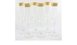 Italian Gold Accented Greek Key Versace 9 inches Champagne Flute Wine Glass 6 Piece Set Glasses set of 6 Free Ship. GS214 ITE
