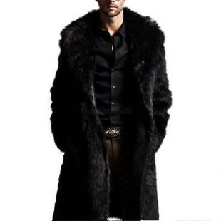 Men Warm Fashion Faux Fur Coat Parka Outerwear Long Jacket Winter Black Overcoat