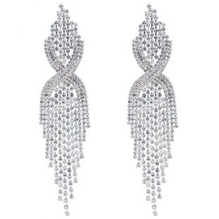 CHRAN Silver Rhinestone Long Tassels Dangle Chandelier Earrings Jewelry Size 3.5"