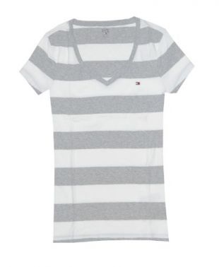 Tommy Hilfiger Women Wide Stripes Logo V-Neck T-Shirt (M, Grey/White)