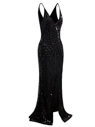 VIJIV Vintage 1920s Slip Prom Gown Sexy V Neck Sequin Mermaid Wedding Dresses for Bride Black XL