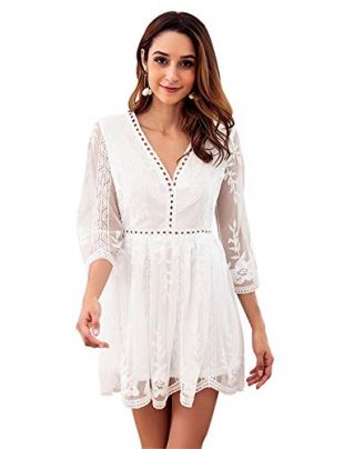 Itemnew Women's Elegant Lace Sheer Backless V-Neck 3/4 Sleeve Flowy Short Party Dress (Asian Large, White)