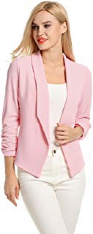 Women's Basic Lightweight Thin 3/4 Sleeve Open Front Blazer Coat (L, Pink)