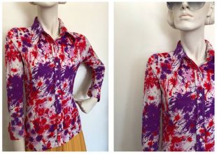 Peinture Splatter psychédélique chemise disco / / MOD feu d'artifice lumière jour 70s daggar col chemisier // Pink et violet taille blouse d'art moderne S