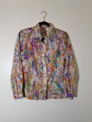 CHEMISIER imprimé en sérigraphie / / psychédélique 70 ' s magnifique une d’un genre Lady Manhattan peinture aquarelle impression bouton bas chemise Top col pointu 12