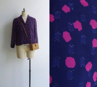 Vintage 70 's rose fuchsia galet imprimé chemisier bleu marine