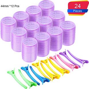 Self Grip Hair Rollers Set, Self Holding Rollers and Multicolor Plastic Duck Teeth Bows Hair Clips Hairdressing Curlers for Women, Men and Kids (24 Pieces, 44 mm)