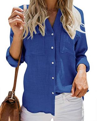 Womens Button Down V Neck Shirts Roll Up Long Sleeve Blouse Loose Fitted Work Plain Tops with Pockets Blue