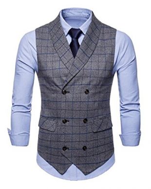 Fensajomon Men Casual Business Slim Plaid Double Breasted Dress Suit Tuxedo Vest Waistcoat Grey XL