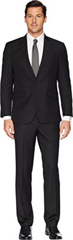 Kenneth Cole REACTION Slim Fit Stretch Performance 32" Finished Bottom Suit Black Pin Dot 42