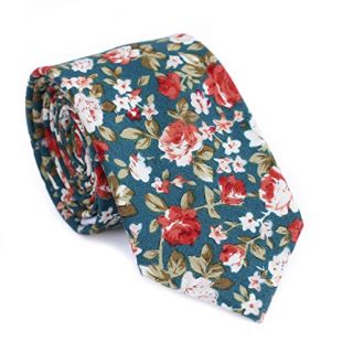 DAZI Men's Skinny Tie Floral Print Cotton Necktie, Great for Weddings, Groom, Groomsmen, Missions, Dances, Gifts. (Green Floral)