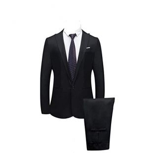 Men Suit Slim Fit 2-Piece Sets Blazer+Pants for Business Wedding Party Long Sleeve Regular Fit One-Button Jacket Coat Top Black
