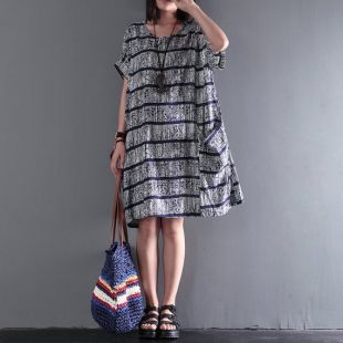 Women summer dress casual dress loose linen striped midi dress with large pockets