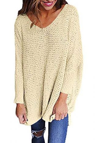 Chuanqi Womens Sweaters Oversized V Neck Loose Knit Pullover Long Batwing Sleeve Tops Khaki