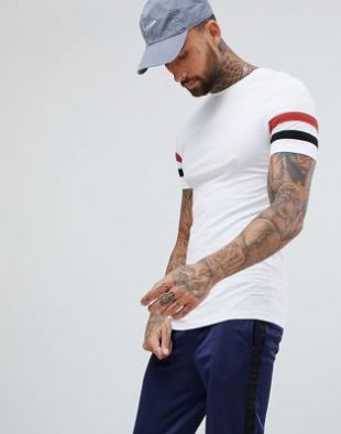 Asos muscle fit t shirt with stretch and sleeve stripe in white