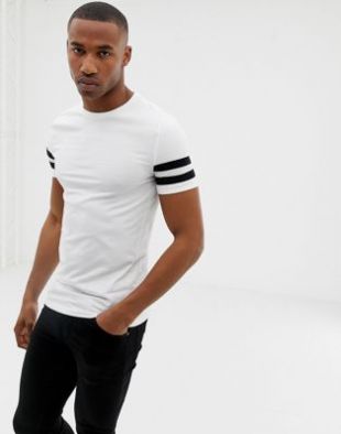 Asos muscle fit t shirt with stretch and black contrast sleeve stripe in white