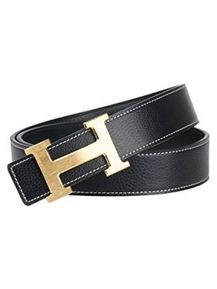 A&T - TA Mens H-Frame Buckle Leather Belt Black Gold Buckle(32