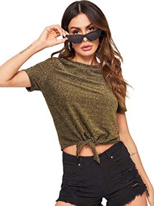 ROMWE Women's Cute Knot Front Solid Ribbed Tee Crop Top T-Shirt Gold M