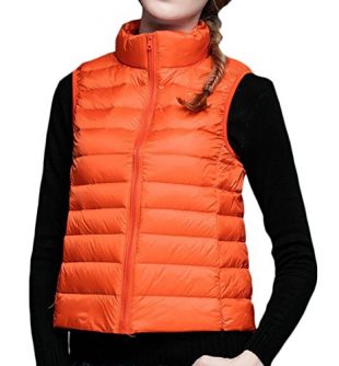 orange sleeveless puffer jacket