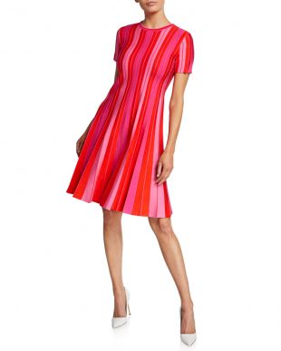 Short-Sleeve Striped Knit Pleated Dress