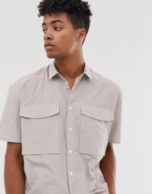 ASOS DESIGN oversized nylon shirt with utility pockets in gray | ASOS