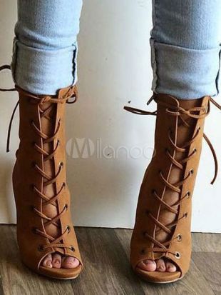Brown Sandal Booties High Heel Peep Toe Lace Up Nubuck Plus Size Ankle Boots For Women