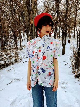 Vintage Retro Pussy Box Tie Shirt Blouse Top Abstract Paint Splashes