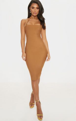 Camel Bandage Buckle Strap Midi Dress