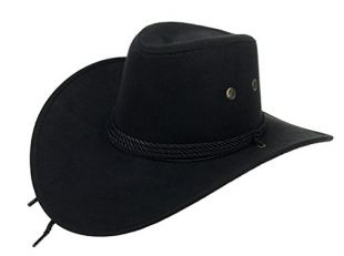 UWANTC Mens Faux Felt Western Cowboy Hat Fedora Outdoor Wide Brim Hat with Strap Black