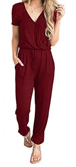 PRETTYGARDEN Women’s Sexy Deep V Neck Short Sleeve Wrap Drawstring Waist Jumpsuit Romper with Pockets (101002 Wine Red, Small)