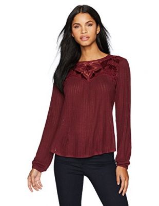 Lucky Brand Women's Velvet Applique Yoke Top, Tawny Port, M