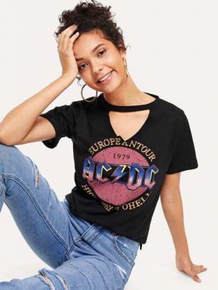 Romwe T-shirt gris à imprimé ACDC