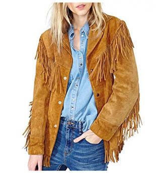 Spazeup Women's Western Real Leather Jacket with Beads and Fringes Brown