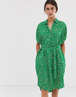 Monki dot print drop shoulder shirt dress in pink and green